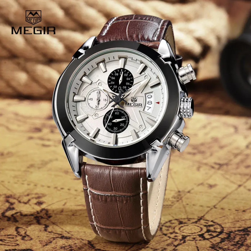 New megir fashion leather sports quartz watch for man military chronograph wrist watches men army style