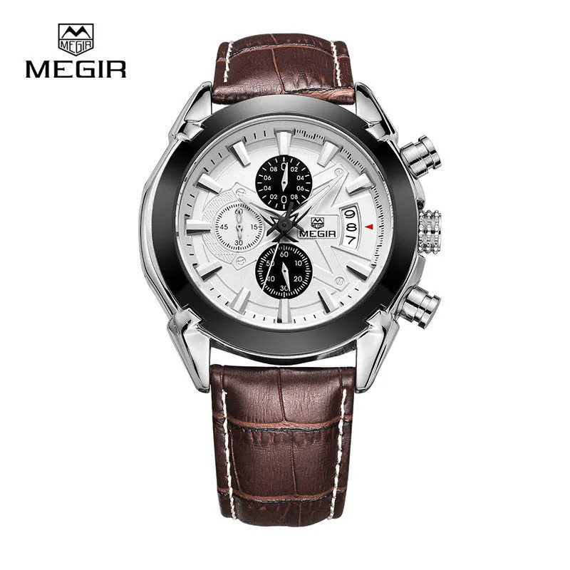 New megir fashion leather sports quartz watch for man military chronograph wrist watches men army style