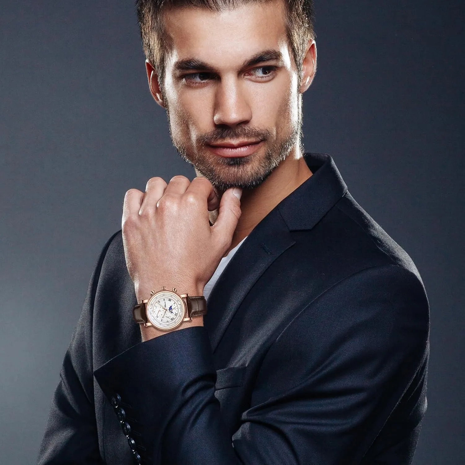 OIDEA Leather Strap Mens Watches: Multi-Function Round Dial Analog Quartz Wrist Watch Waterproof Luminous Date Chronograph Casual Business Dress Watch