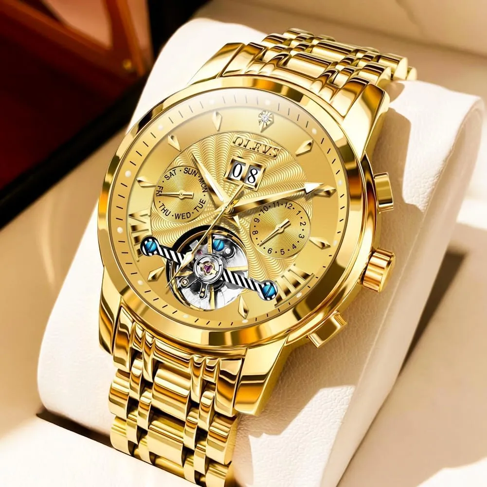 OLEVS Men Automatic Watch Self Winding Skeleton Mechanical Tourbillon Classic Luxury Multi Calendar Stainless Steel Waterproof Wrist Watch for Men