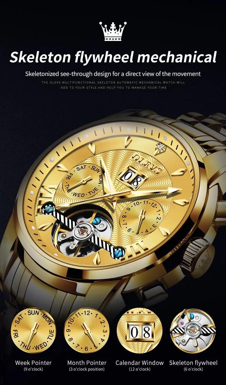 OLEVS Men Automatic Watch Self Winding Skeleton Mechanical Tourbillon Classic Luxury Multi Calendar Stainless Steel Waterproof Wrist Watch for Men