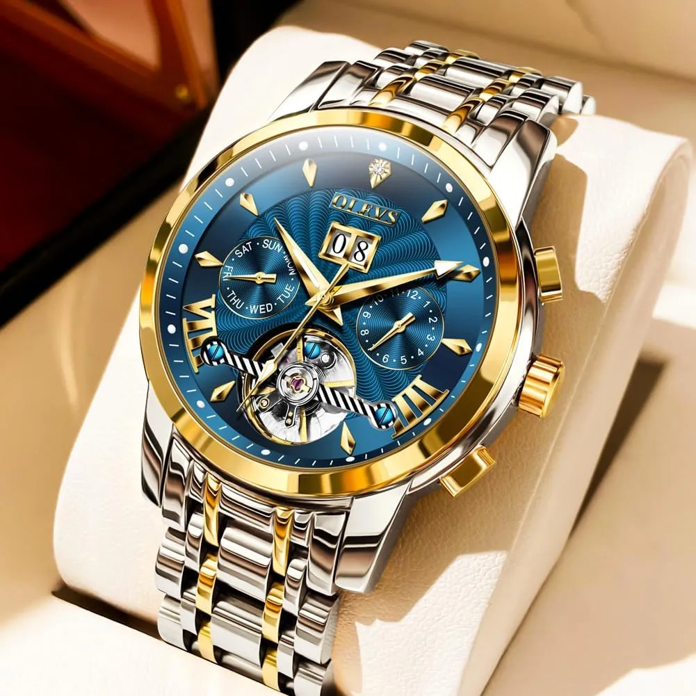 OLEVS Men Automatic Watch Self Winding Skeleton Mechanical Tourbillon Classic Luxury Multi Calendar Stainless Steel Waterproof Wrist Watch for Men