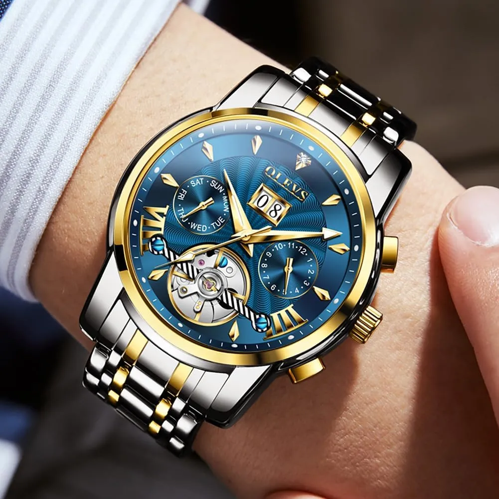 OLEVS Men Automatic Watch Self Winding Skeleton Mechanical Tourbillon Classic Luxury Multi Calendar Stainless Steel Waterproof Wrist Watch for Men