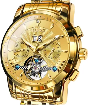 OLEVS Men Automatic Watch Self Winding Skeleton Mechanical Tourbillon Classic Luxury Multi Calendar Stainless Steel Waterproof Wrist Watch for Men