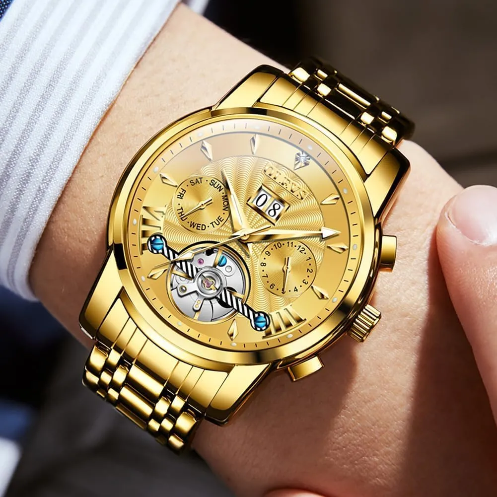 OLEVS Men Automatic Watch Self Winding Skeleton Mechanical Tourbillon Classic Luxury Multi Calendar Stainless Steel Waterproof Wrist Watch for Men