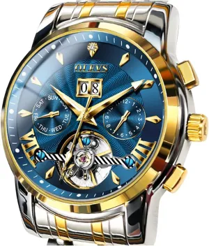 OLEVS Men Automatic Watch Self Winding Skeleton Mechanical Tourbillon Classic Luxury Multi Calendar Stainless Steel Waterproof Wrist Watch for Men