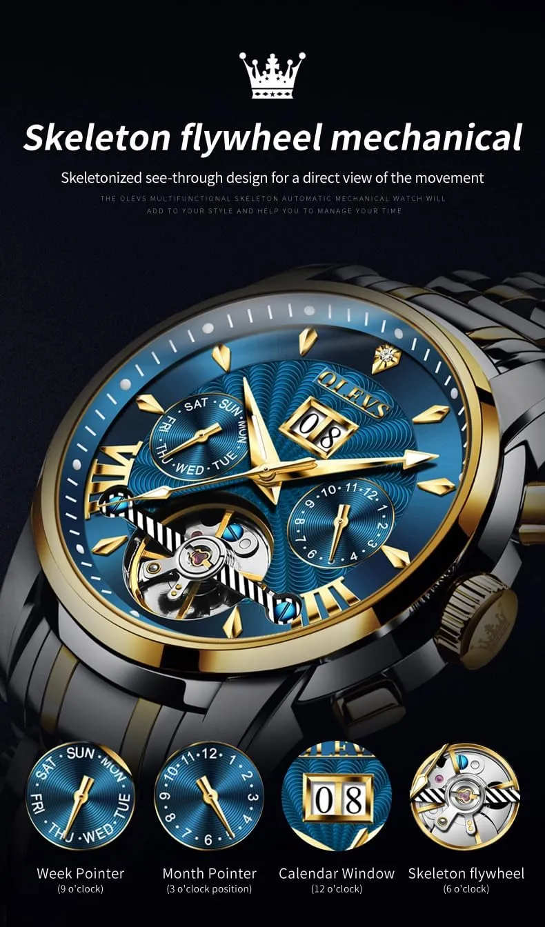 OLEVS Men Automatic Watch Self Winding Skeleton Mechanical Tourbillon Classic Luxury Multi Calendar Stainless Steel Waterproof Wrist Watch for Men
