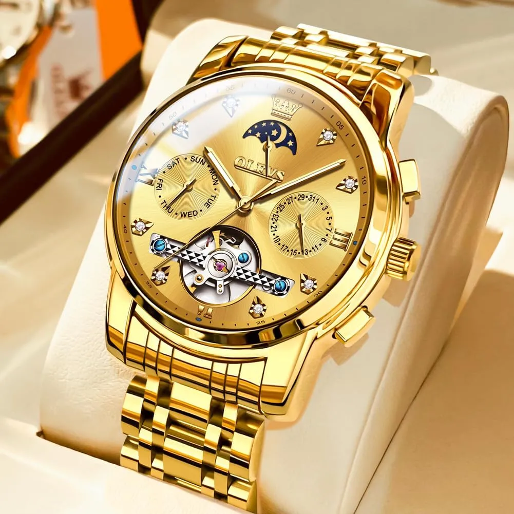 OLEVS Men Automatic Watch Skeleton Moon Phase Dial Luxury Dress Stainless Steel Strap 5 Hands Diamond Men Wrist Watches