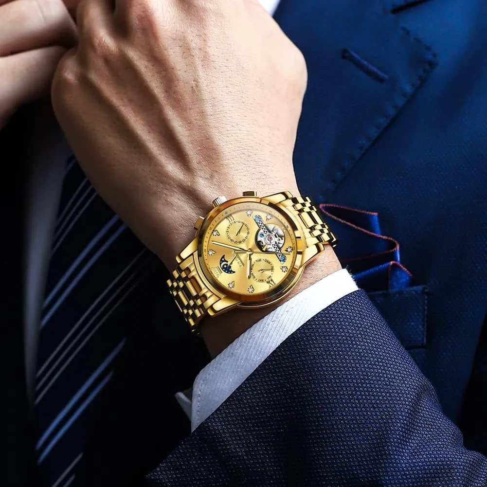 OLEVS Men Automatic Watch Skeleton Moon Phase Dial Luxury Dress Stainless Steel Strap 5 Hands Diamond Men Wrist Watches