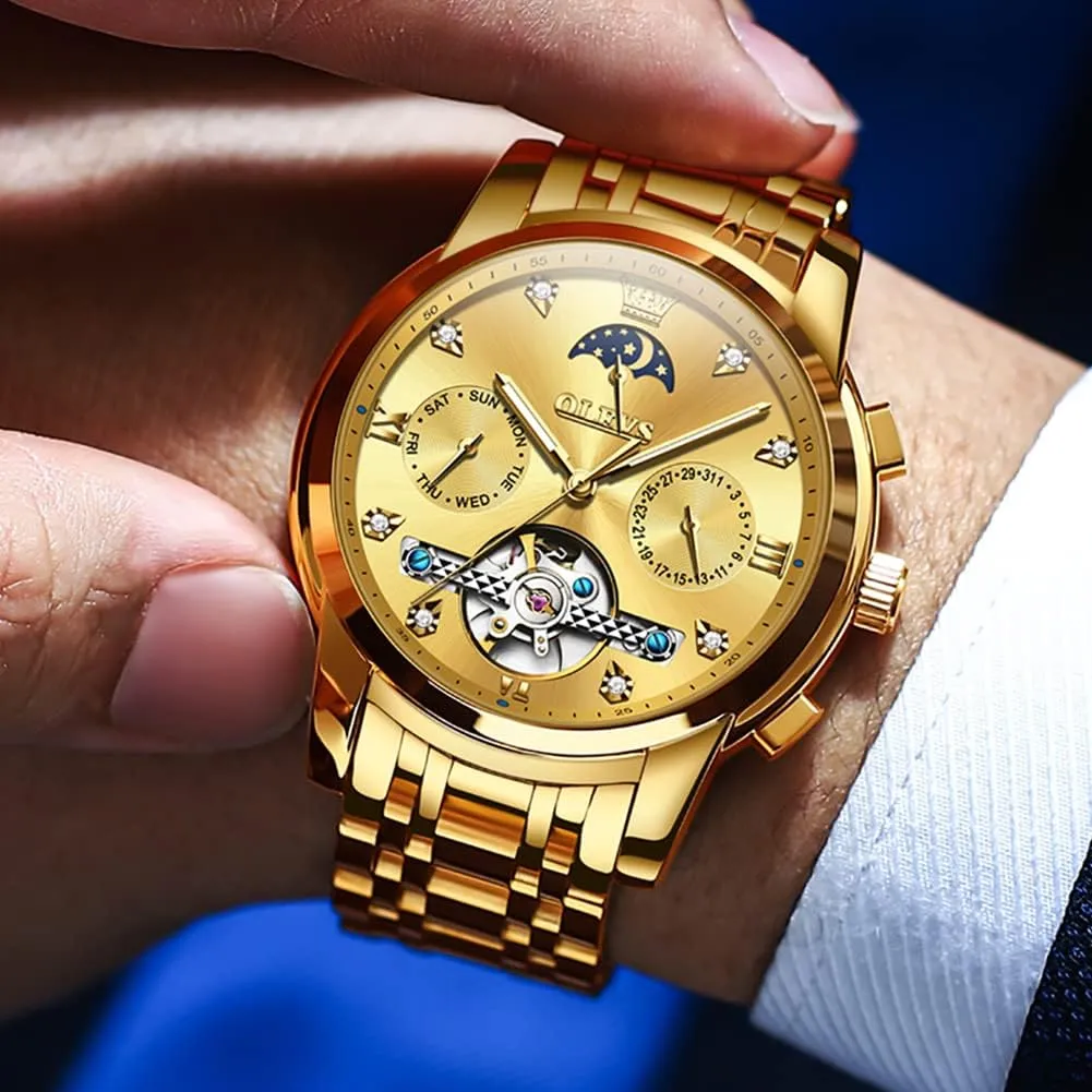 OLEVS Men Automatic Watch Skeleton Moon Phase Dial Luxury Dress Stainless Steel Strap 5 Hands Diamond Men Wrist Watches