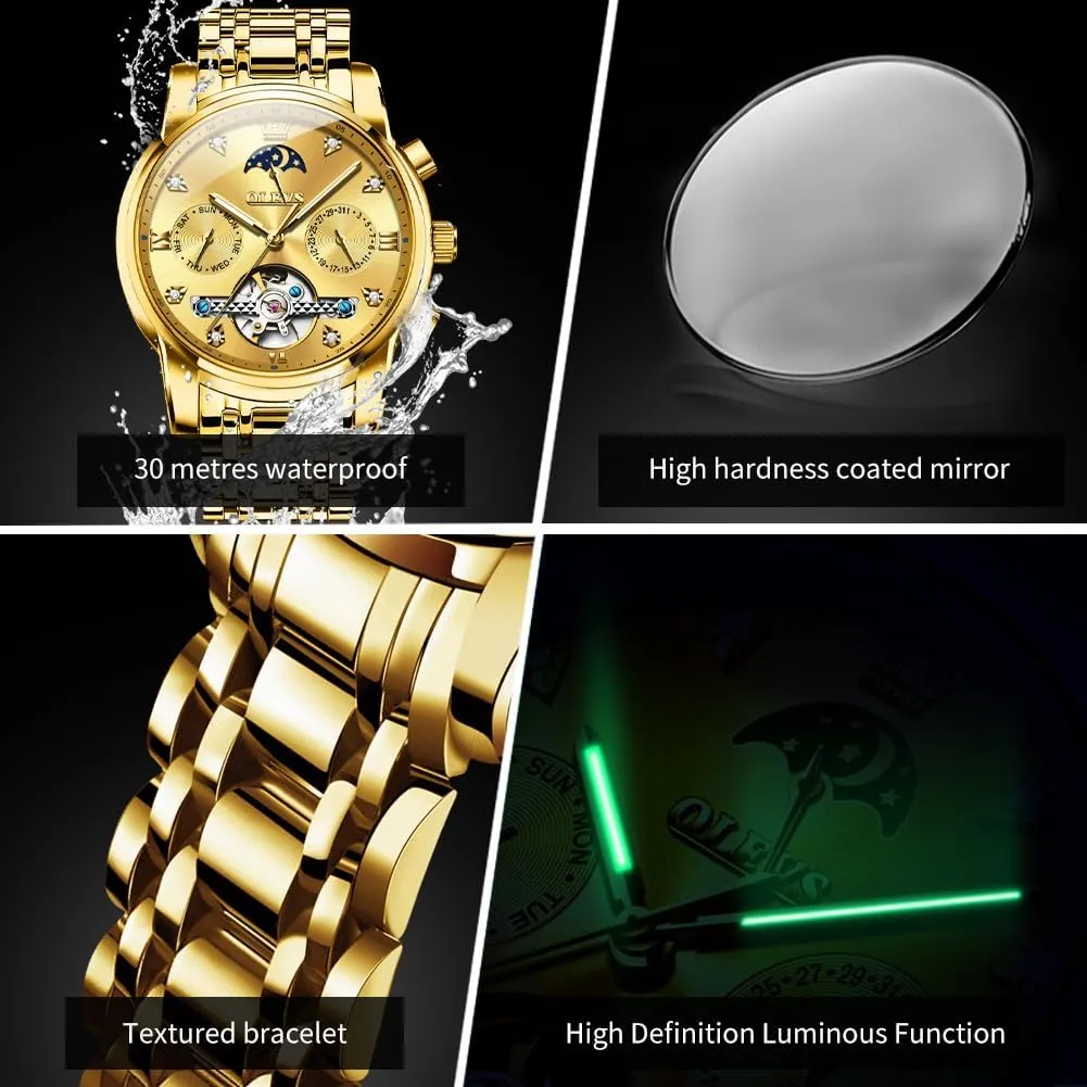 OLEVS Men Automatic Watch Skeleton Moon Phase Dial Luxury Dress Stainless Steel Strap 5 Hands Diamond Men Wrist Watches
