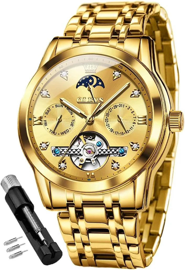 OLEVS Men Automatic Watch Skeleton Moon Phase Dial Luxury Dress Stainless Steel Strap 5 Hands Diamond Men Wrist Watches