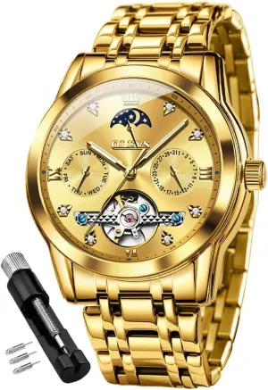 OLEVS Men Automatic Watch Skeleton Moon Phase Dial Luxury Dress Stainless Steel Strap 5 Hands Diamond Men Wrist Watches