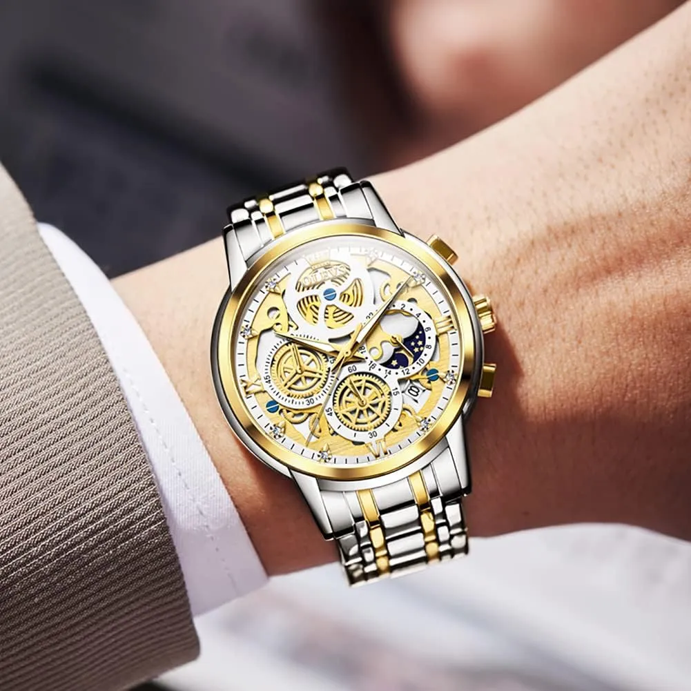 OLEVS Mens Watch Chronograph Luxury Diamond Dress Business Analog Quartz Wrist Watches Stainless Steel Waterproof Luminous