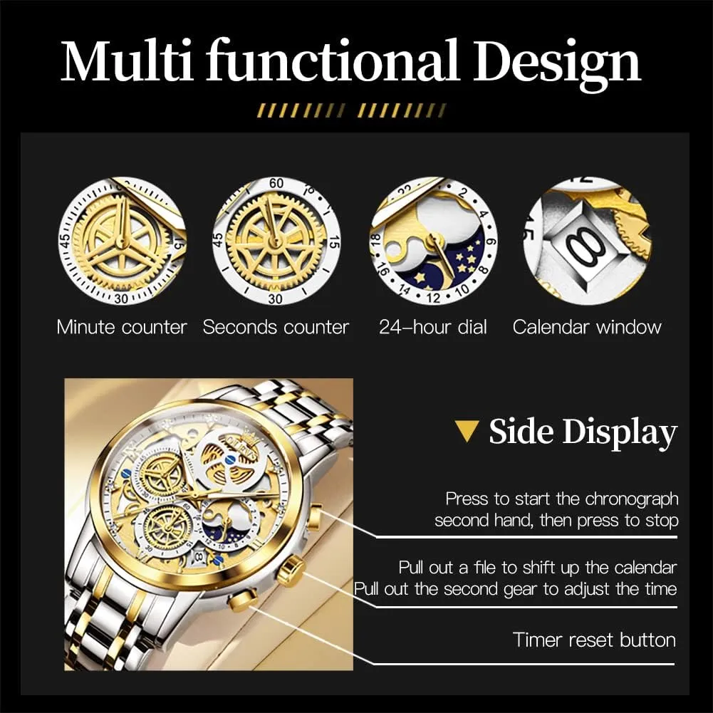 OLEVS Mens Watch Chronograph Luxury Diamond Dress Business Analog Quartz Wrist Watches Stainless Steel Waterproof Luminous