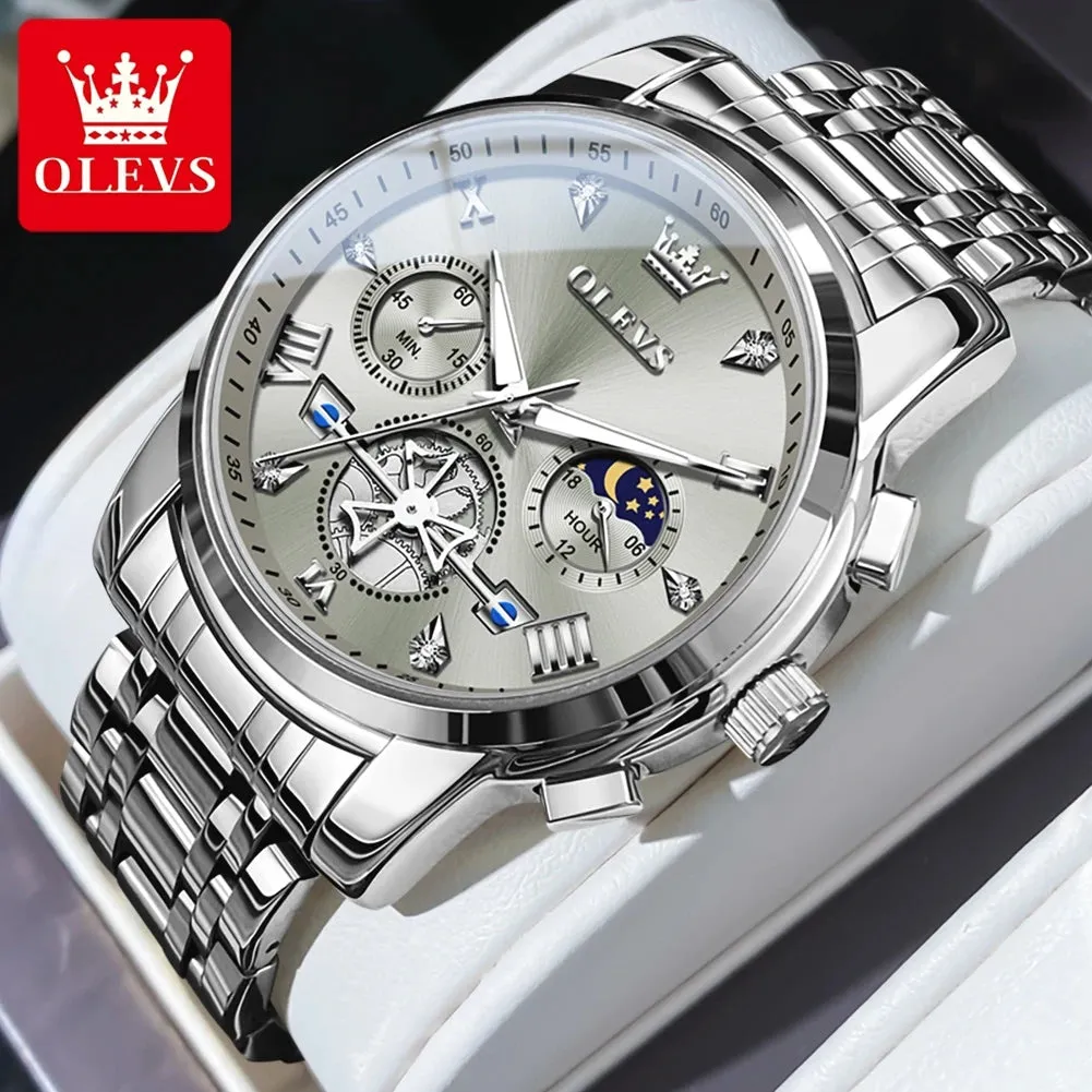 OLEVS Men's Watches Classic Multifunctional Fltwheel Chronograph Original Quartz Wristwatch Moon Phase 24 Hour Waterproof reloj