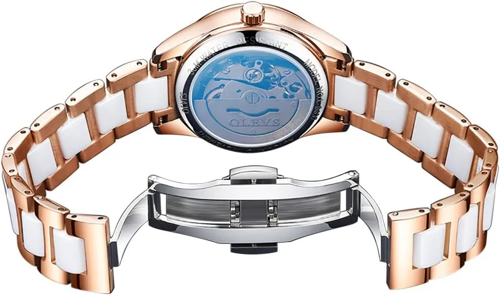 OLEVS Watch for Women Automatic Self Winding Mechanical Ladies Wrist Watch Big face Two Tone Stainless Steel Ceramic Bracelet Heart Diamond Fashion Luxury Ceramic Band Luminous Waterproof