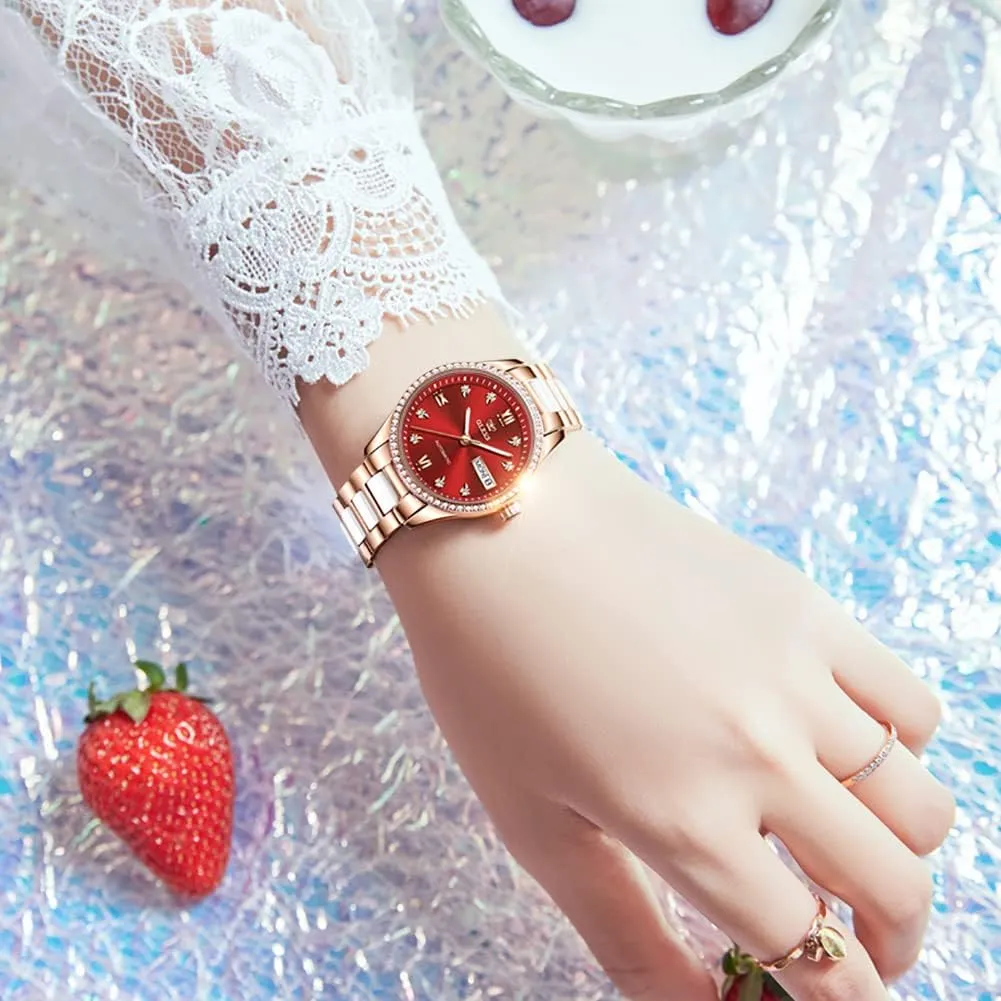 OLEVS Watch for Women Automatic Self Winding Mechanical Ladies Wrist Watch Big face Two Tone Stainless Steel Ceramic Bracelet Heart Diamond Fashion Luxury Ceramic Band Luminous Waterproof