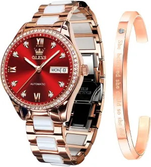 OLEVS Watch for Women Automatic Self Winding Mechanical Ladies Wrist Watch Big face Two Tone Stainless Steel Ceramic Bracelet Heart Diamond Fashion Luxury Ceramic Band Luminous Waterproof