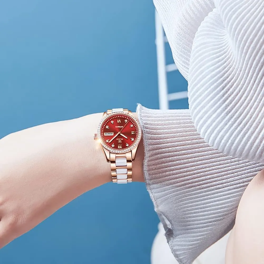 OLEVS Watch for Women Automatic Self Winding Mechanical Ladies Wrist Watch Big face Two Tone Stainless Steel Ceramic Bracelet Heart Diamond Fashion Luxury Ceramic Band Luminous Waterproof