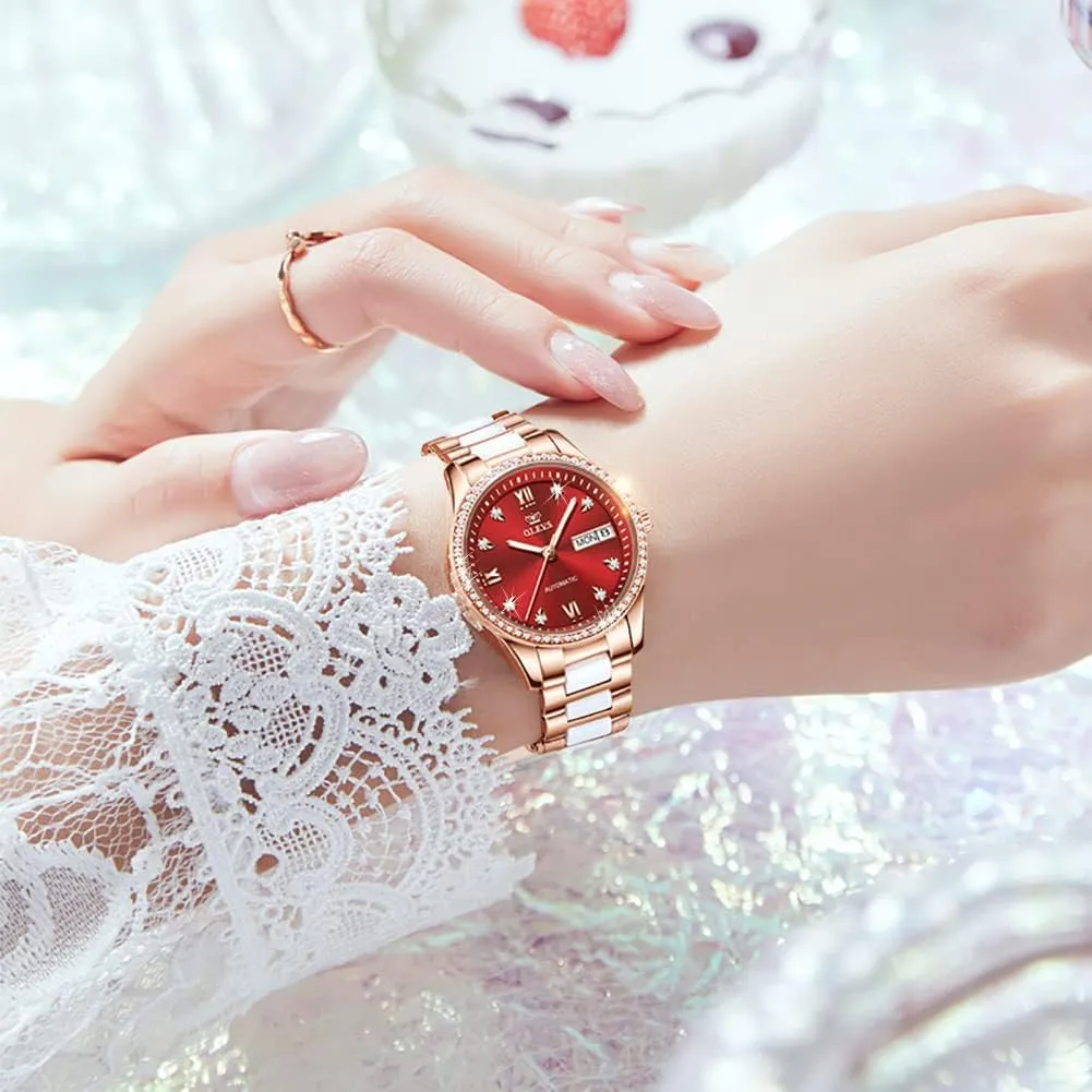 OLEVS Watch for Women Automatic Self Winding Mechanical Ladies Wrist Watch Big face Two Tone Stainless Steel Ceramic Bracelet Heart Diamond Fashion Luxury Ceramic Band Luminous Waterproof