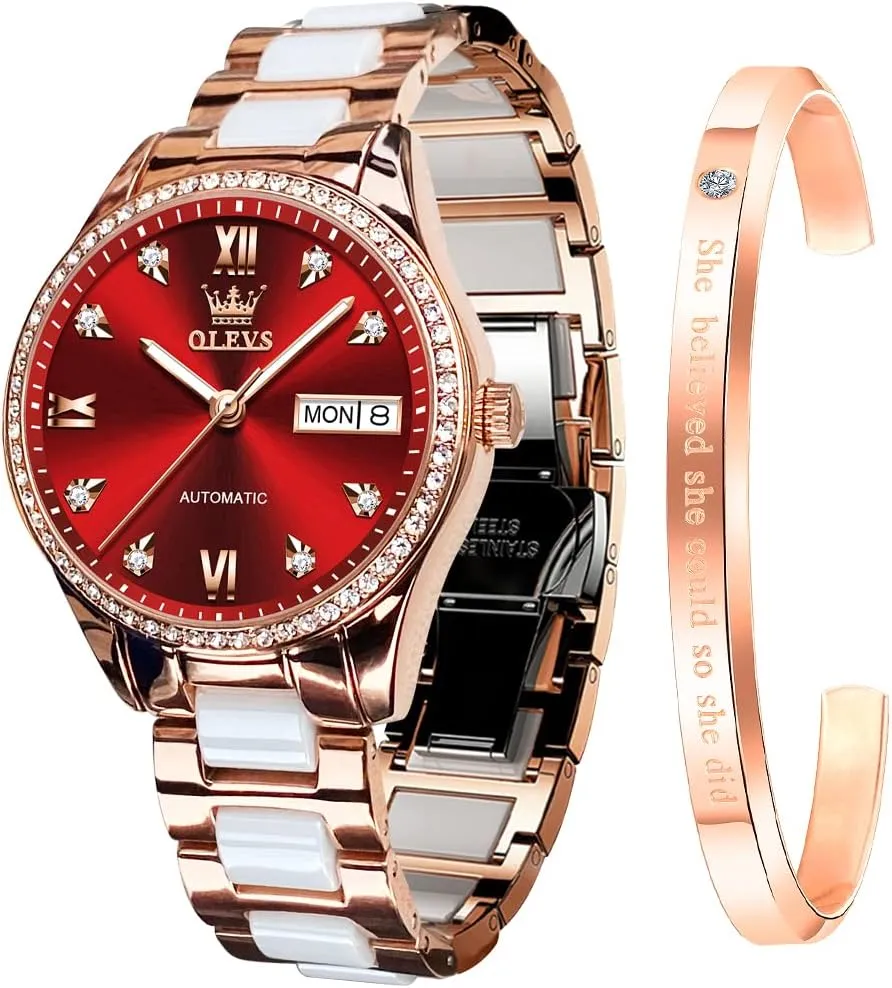OLEVS Watch for Women Automatic Self Winding Mechanical Ladies Wrist Watch Big face Two Tone Stainless Steel Ceramic Bracelet Heart Diamond Fashion Luxury Ceramic Band Luminous Waterproof