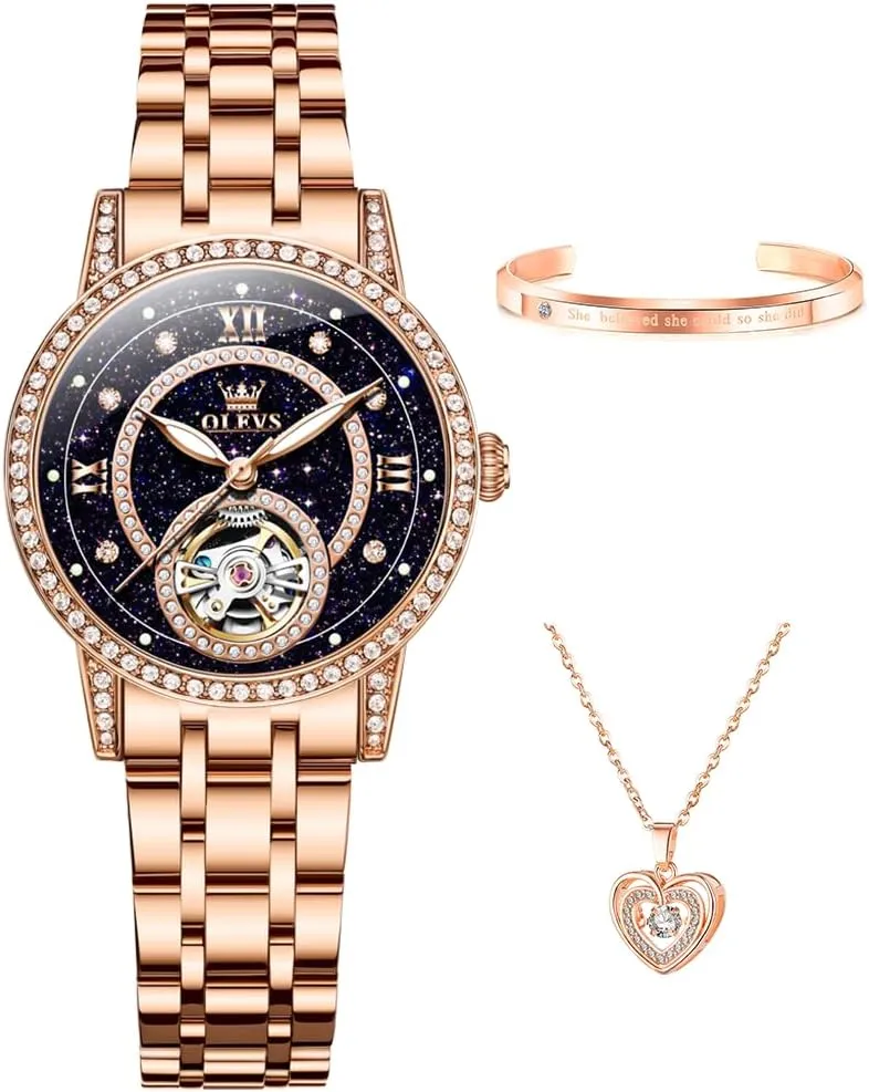 OLEVS Womens Watch Automatic Diamond Tourbillon Luxury Fashion Stainless Steel Waterproof Luminous Wrist Watches for Ladies Gift Rose Gold/Starry Sky Blue/Silver