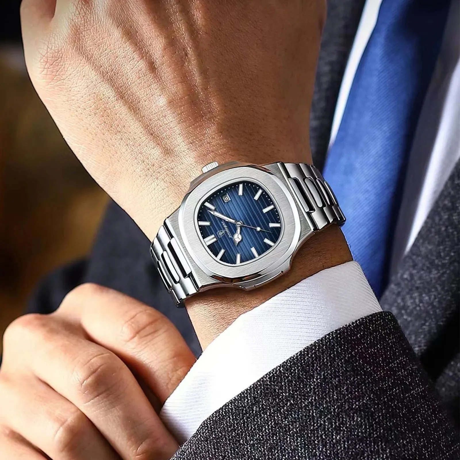 POEDAGAR Puerto Banus Luxury Watch Business Waterproof Stainless Steel Square Quartz