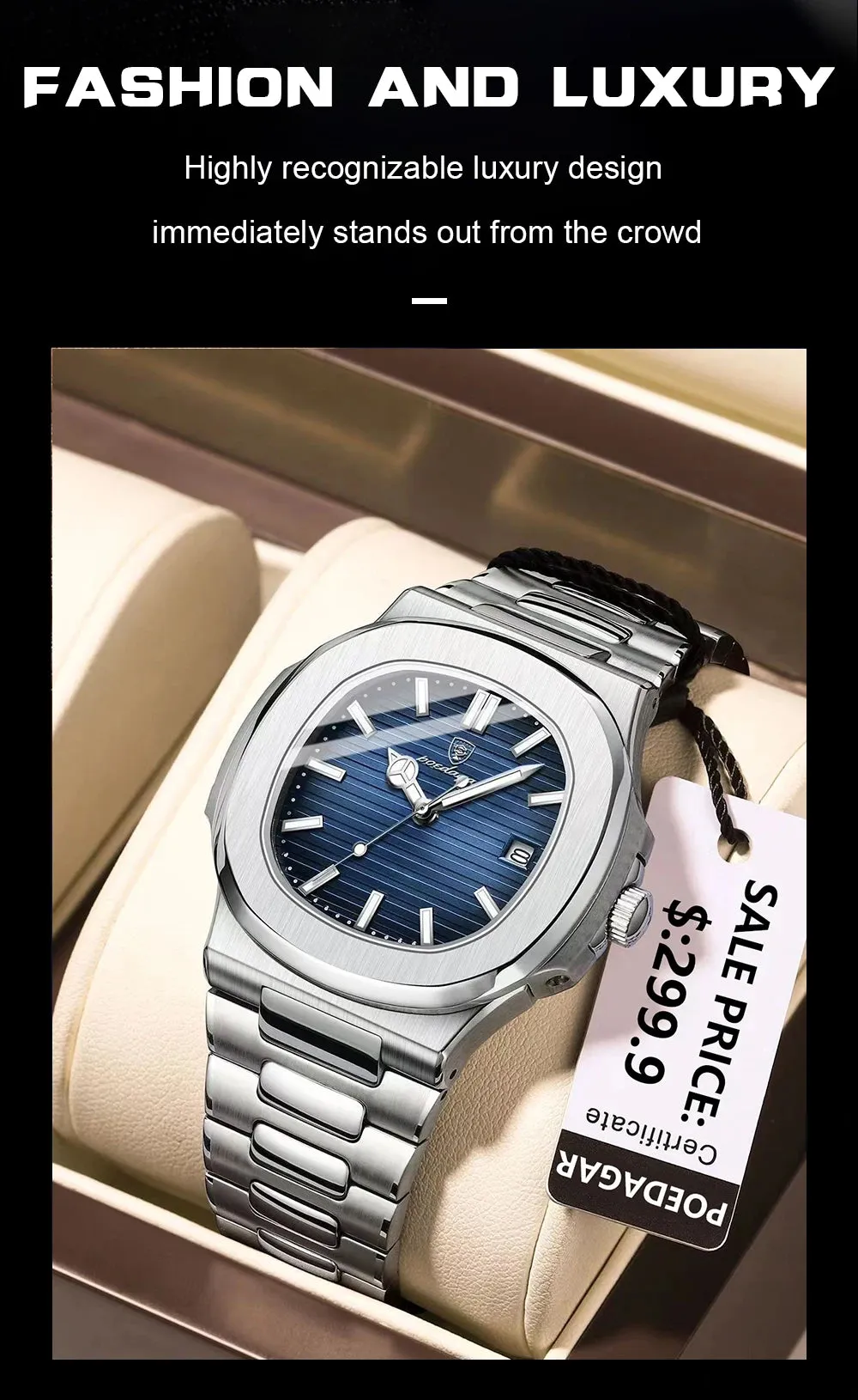 POEDAGAR Puerto Banus Luxury Watch Business Waterproof Stainless Steel Square Quartz