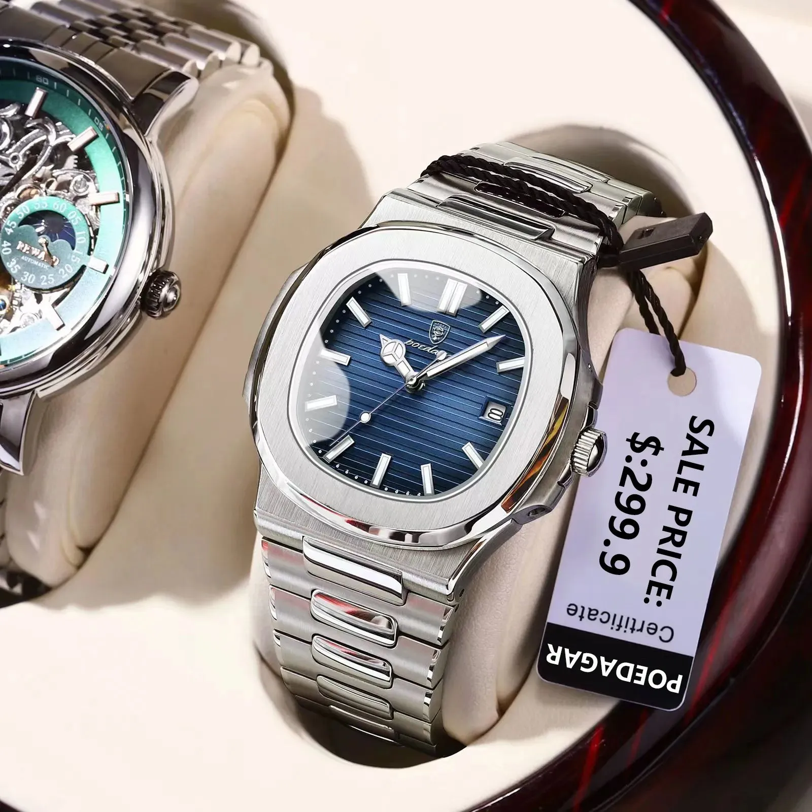 POEDAGAR Puerto Banus Luxury Watch Business Waterproof Stainless Steel Square Quartz