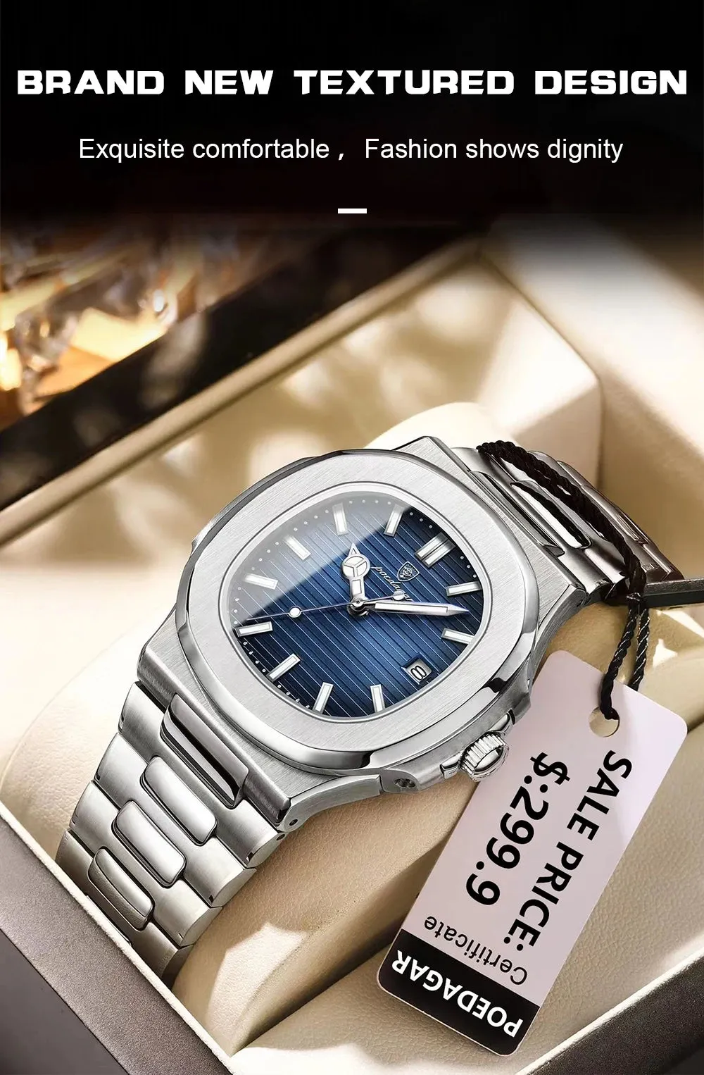 POEDAGAR Puerto Banus Luxury Watch Business Waterproof Stainless Steel Square Quartz