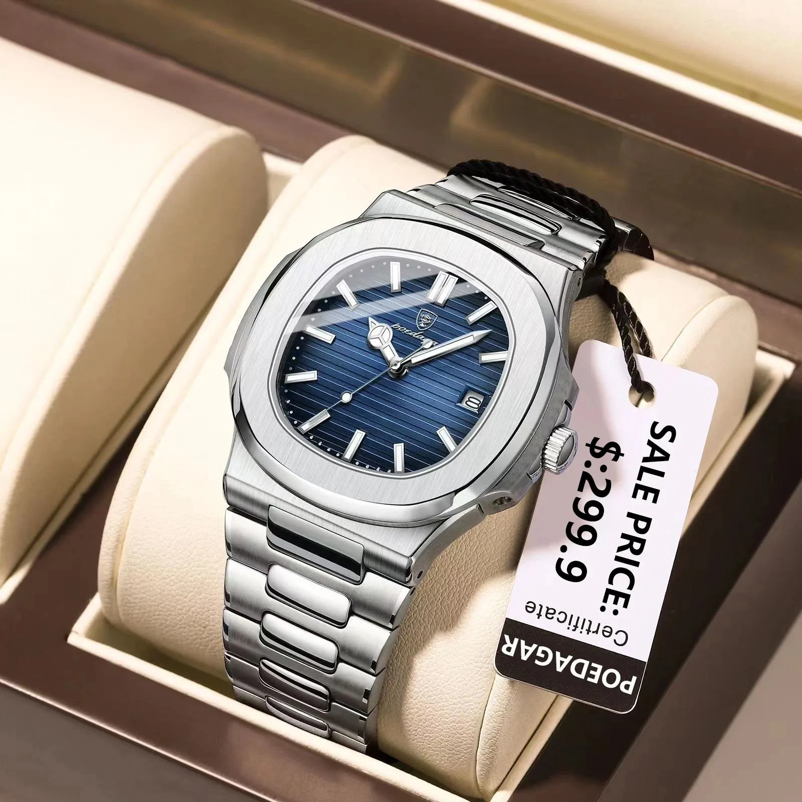POEDAGAR Puerto Banus Luxury Watch Business Waterproof Stainless Steel Square Quartz