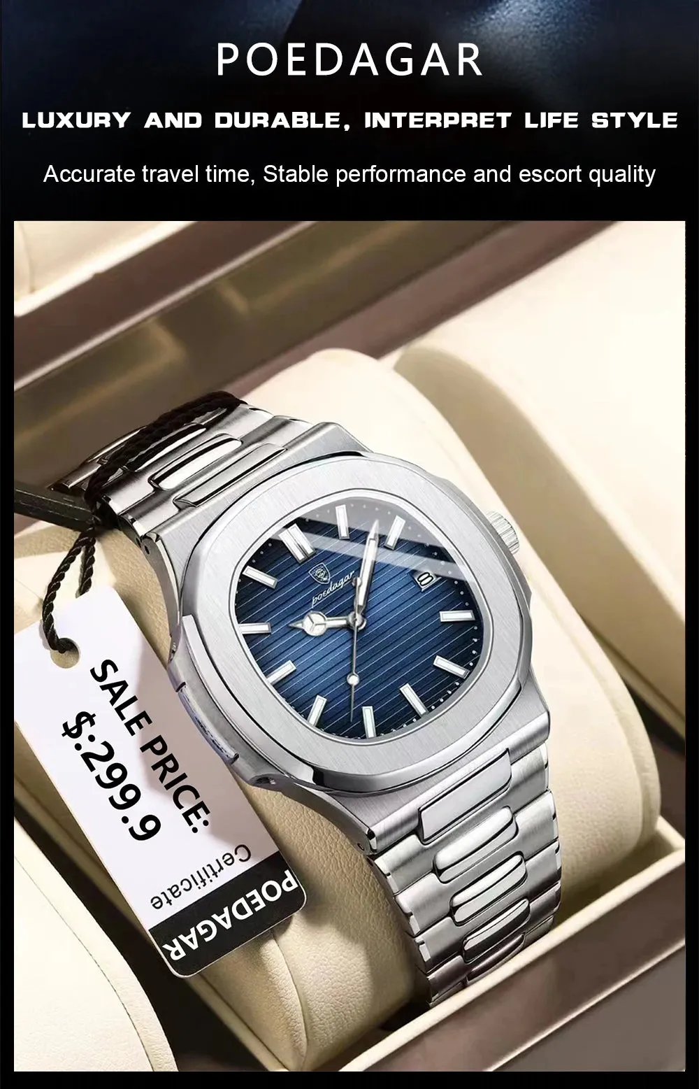 POEDAGAR Puerto Banus Luxury Watch Business Waterproof Stainless Steel Square Quartz