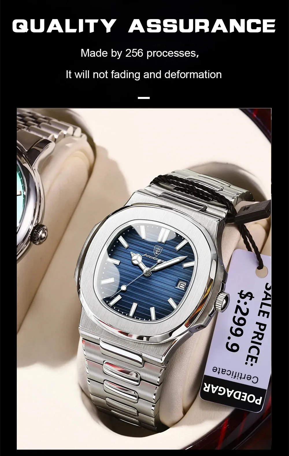 POEDAGAR Puerto Banus Luxury Watch Business Waterproof Stainless Steel Square Quartz