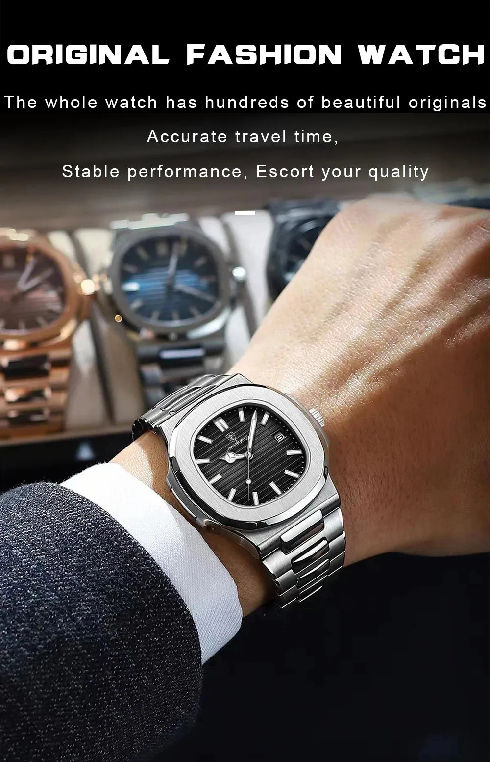 POEDAGAR Puerto Banus Luxury Watch Business Waterproof Stainless Steel Square Quartz