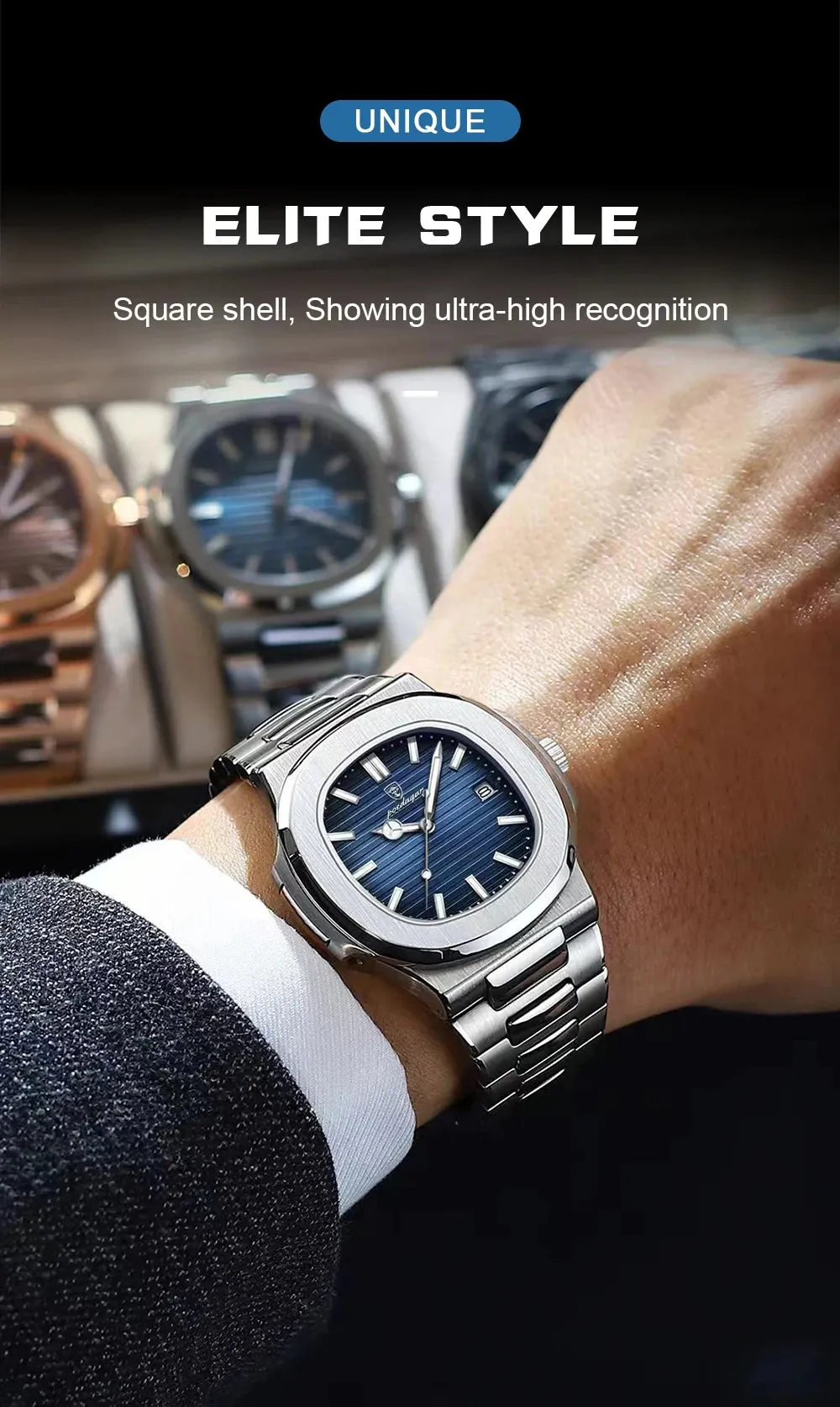 POEDAGAR Puerto Banus Luxury Watch Business Waterproof Stainless Steel Square Quartz