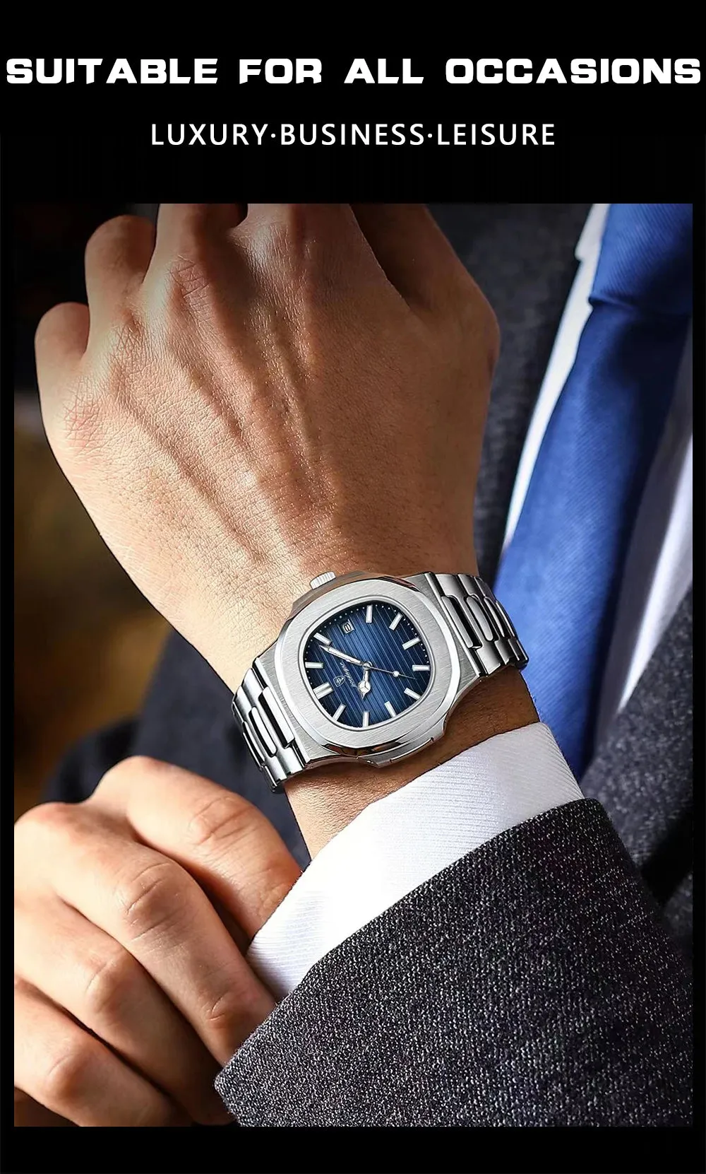 POEDAGAR Puerto Banus Luxury Watch Business Waterproof Stainless Steel Square Quartz