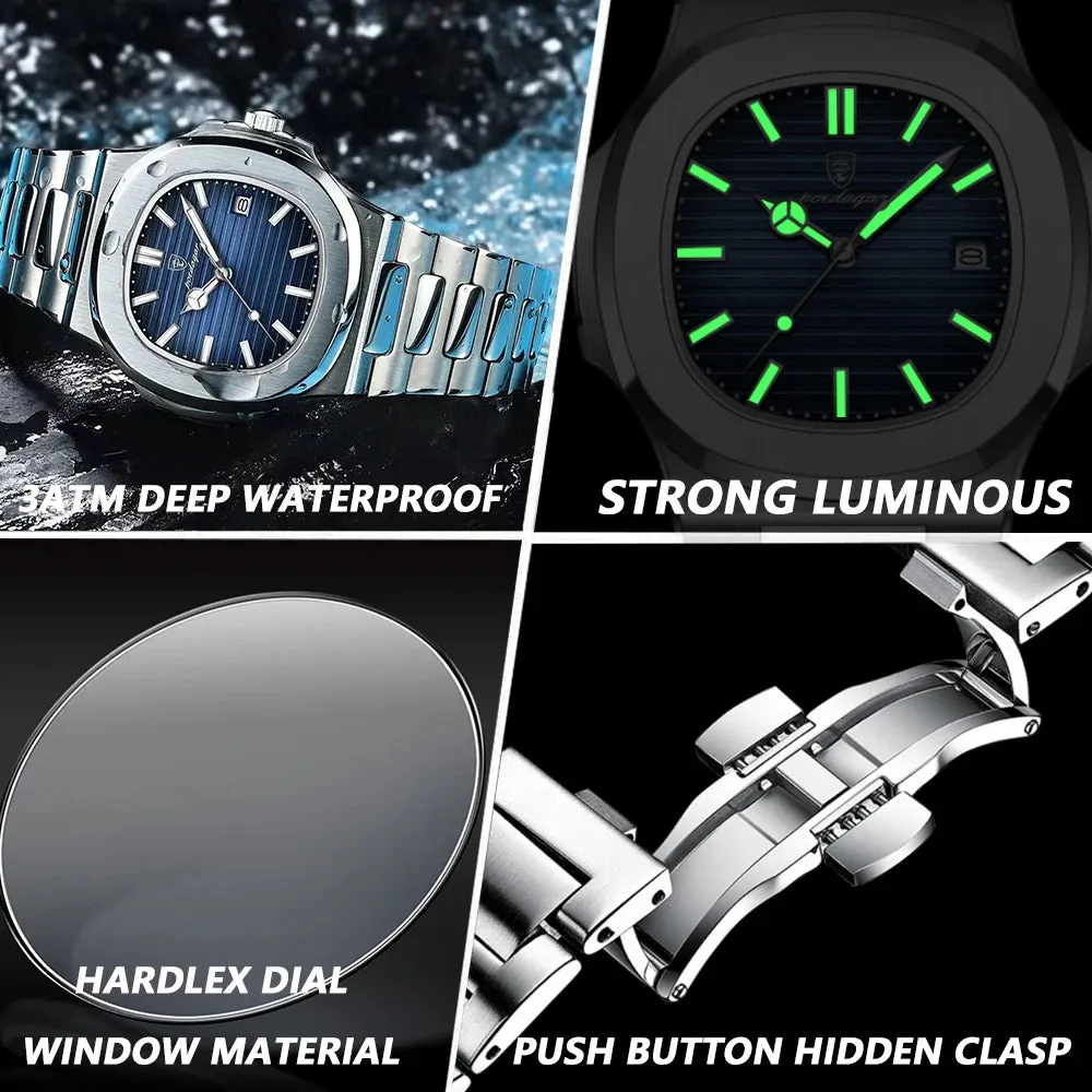 POEDAGAR Puerto Banus Luxury Watch Business Waterproof Stainless Steel Square Quartz