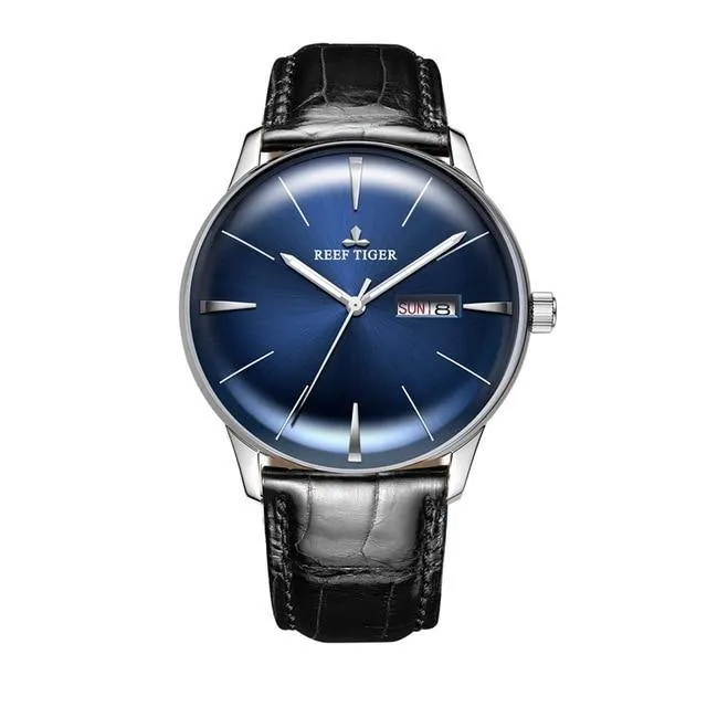 Reef Tiger/RT Classic Casual Watches Convex Lens Genuine Leather Strap Steel Automatic Watches with Date Day RGA8238