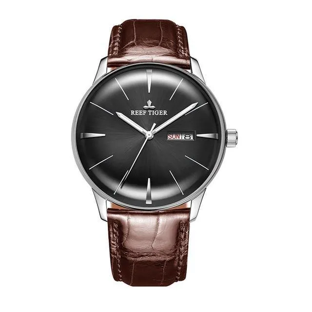 Reef Tiger/RT Classic Casual Watches Convex Lens Genuine Leather Strap Steel Automatic Watches with Date Day RGA8238