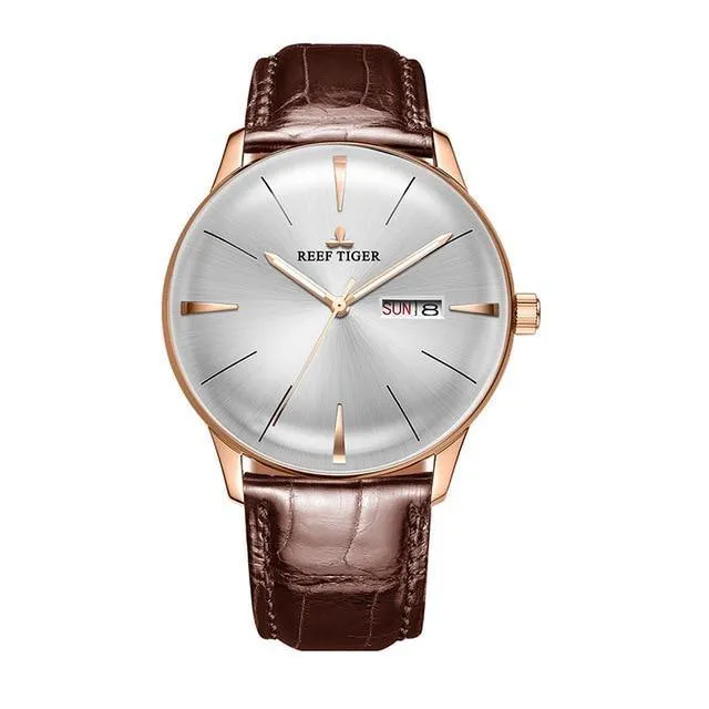 Reef Tiger/RT Classic Casual Watches Convex Lens Genuine Leather Strap Steel Automatic Watches with Date Day RGA8238
