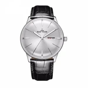 Reef Tiger/RT Classic Casual Watches Convex Lens Genuine Leather Strap Steel Automatic Watches with Date Day RGA8238