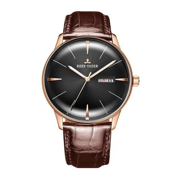 Reef Tiger/RT Classic Casual Watches Convex Lens Genuine Leather Strap Steel Automatic Watches with Date Day RGA8238