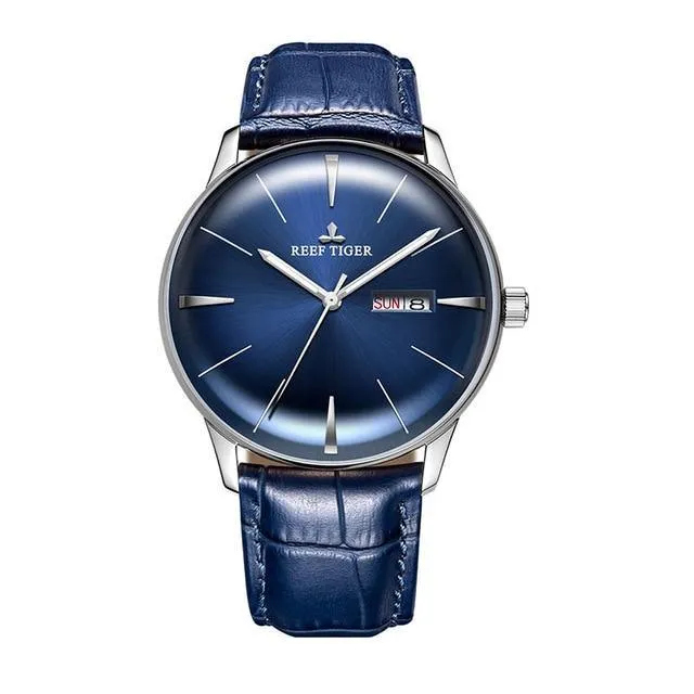 Reef Tiger/RT Classic Casual Watches Convex Lens Genuine Leather Strap Steel Automatic Watches with Date Day RGA8238