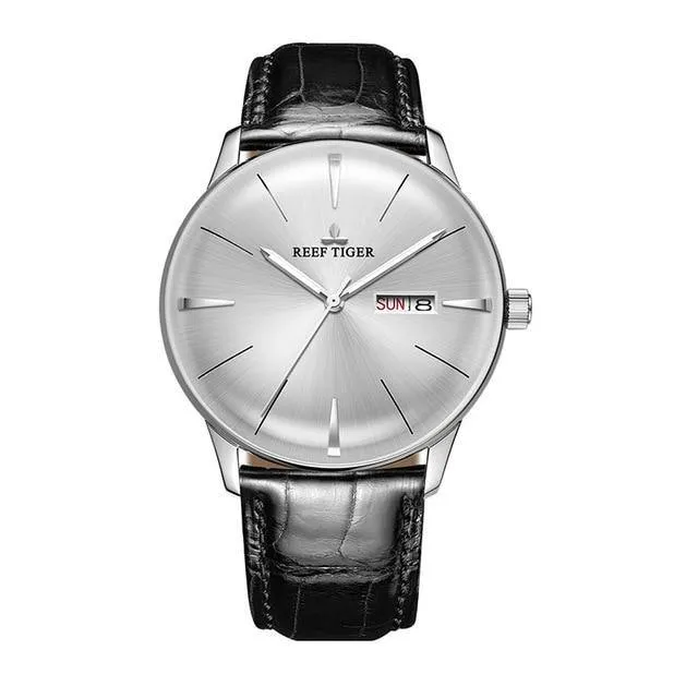 Reef Tiger/RT Classic Casual Watches Convex Lens Genuine Leather Strap Steel Automatic Watches with Date Day RGA8238