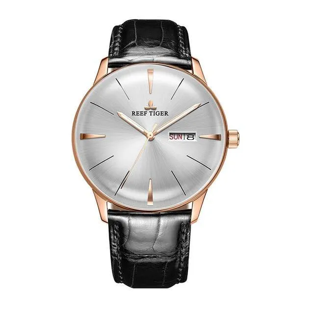 Reef Tiger/RT Classic Casual Watches Convex Lens Genuine Leather Strap Steel Automatic Watches with Date Day RGA8238