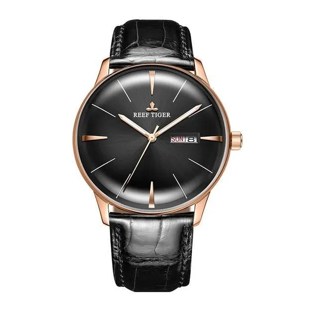 Reef Tiger/RT Classic Casual Watches Convex Lens Genuine Leather Strap Steel Automatic Watches with Date Day RGA8238