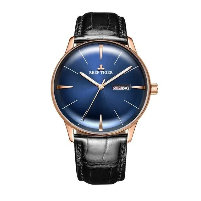Reef Tiger/RT Classic Casual Watches Convex Lens Genuine Leather Strap Steel Automatic Watches with Date Day RGA8238