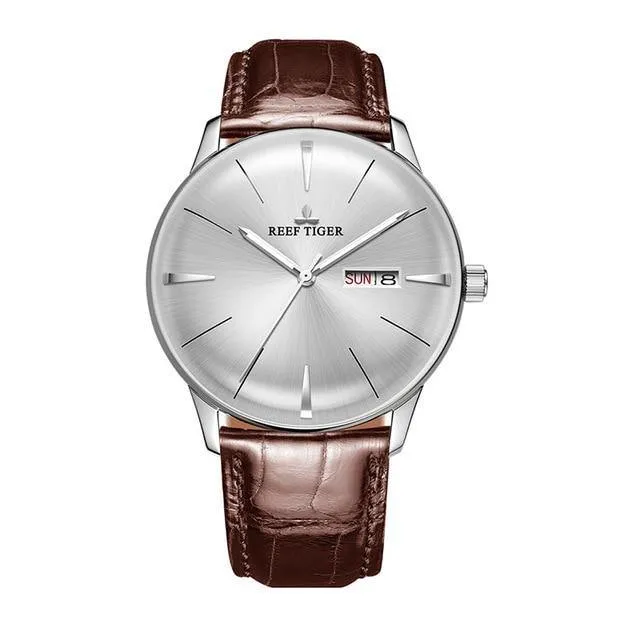 Reef Tiger/RT Classic Casual Watches Convex Lens Genuine Leather Strap Steel Automatic Watches with Date Day RGA8238