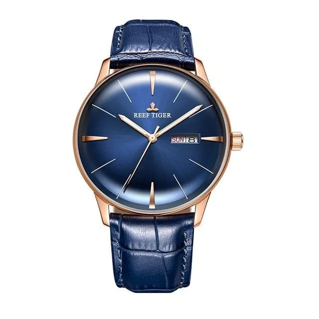Reef Tiger/RT Classic Casual Watches Convex Lens Genuine Leather Strap Steel Automatic Watches with Date Day RGA8238